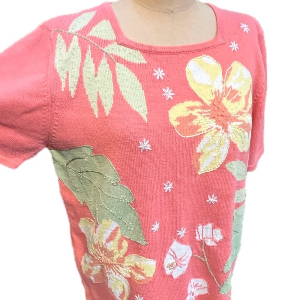 VINTAGE 90s coral knit sweater short sleeve square neck embroider flower floral